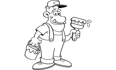 Black and white illustration of a painter holding a paint can and a paint brush.