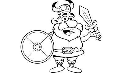 Black and white illustration of a viking holding a shield and a sword.