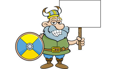 Cartoon illustration of viking holding a sign and a shield.