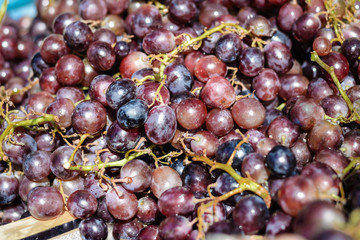Delicious ripe juicy red grape vines stored in wooden box 