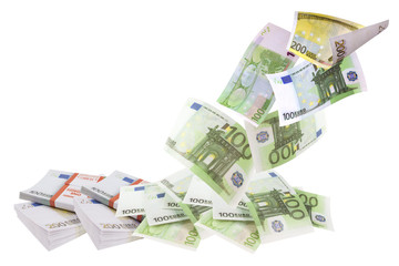 Flying euro bills isolated on white background