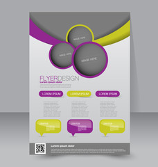 Flyer template. Business brochure. Editable A4 poster for design, education, presentation, website, magazine cover. Purple and yellow color.