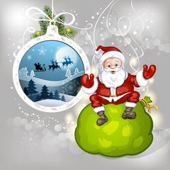 Cartoon Santa Claus smiling and sitting on bag