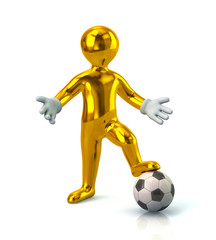 Golden cartoon character man standing on a soccer ball
