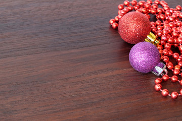Ornaments on wood background with copy space