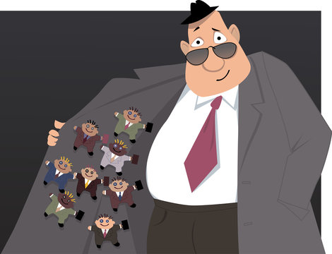 Black Market Vendor Selling Dolls In Business Suits, Politicians Or Corporate Executives, EPS 8 Vector Illustration