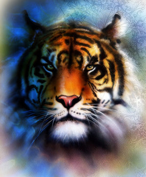  tiger collage on color abstract  background and mandala with ornamet , wildlife animals. Blue, orange, black and white color.
