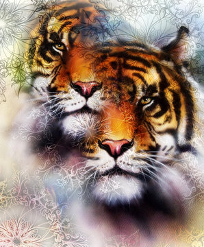  tiger collage on color abstract  background and mandala with ornamet , wildlife animals. Brown, orange, black and white color.