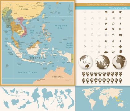 Southeast Asia Map Detailed with Navigation Icon Set. 