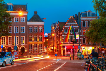 Night city view of Amsterdam street