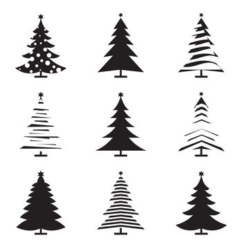 Set of Black Christmas Tree. Vector Illustration and Icons