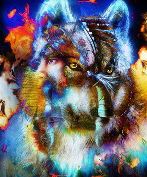 A beautiful airbrush painting of an young indian warrior accompanied with wolf, computer collage.
