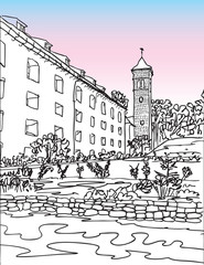 Konigstein Fortress church, Saxon Switzerland, Germany, European city, vector sketch hand drawn collection, drawing, scribble