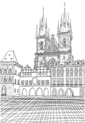 Obraz premium Prague town, Czech Republic. Church of Mother of God before Týn, Old Town Square in European city, black & white vector sketch hand drawn collection