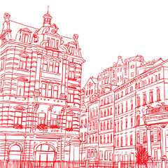 The Mill Colonnade with hotel, the biggest colonnade in Karlovy Vary, Czech Republic. Vector sketch hand drawn collection, 