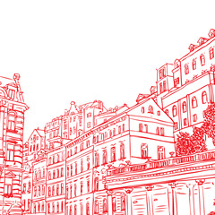 The Mill Colonnade with hotel, the biggest colonnade in Karlovy Vary, Czech Republic. Vector sketch hand drawn collection.