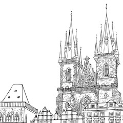 Prague town, Czech Republic. Old Town Square in European city, vector sketch hand drawn collection. 