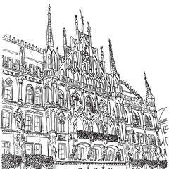 Munich Town Hall, Munich, Bavaria, capital of Germany, European city, vector sketch hand drawn collection, drawing, scribble. 