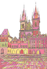 Fototapeta premium Prague town, Czech Republic. Church of Mother of God before Týn, Old Town Square in European city, black & white vector sketch hand drawn collection.