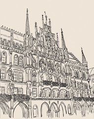 Munich Town Hall, Munich, Bavaria, capital of Germany, European city, vector sketch hand drawn collection, drawing, scribble. 