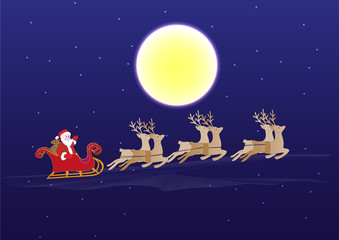 Santa Claus riding reindeer sleigh in the sky with moon