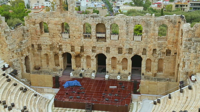 Professional sound equipment ready for concert at music hall, stone amphitheatre