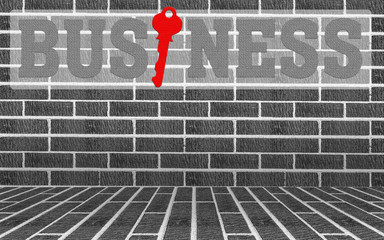 grey brick wall and floor interior background with word "BUSINESS"