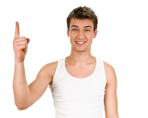Naklejka premium Eureka. man with an idea raising his finger