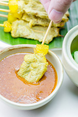 Grilled Pork Satay with Peanut Sauce and Vinegar, Thai food.
