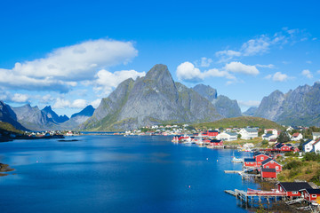 Beautiful super wide-angle summer aerial view of Reine, Norway, Lofoten Islands, with skyline,...