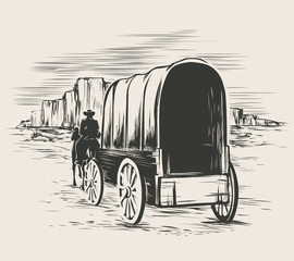 Fototapeta na wymiar Old wagon in wild west prairies