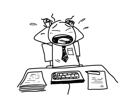 Stress At Work, a hand drawn vector doodle illustration of a worker feeling stressed out because of his job.