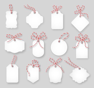 Price tags and gift cards tied up with twine bows vector set