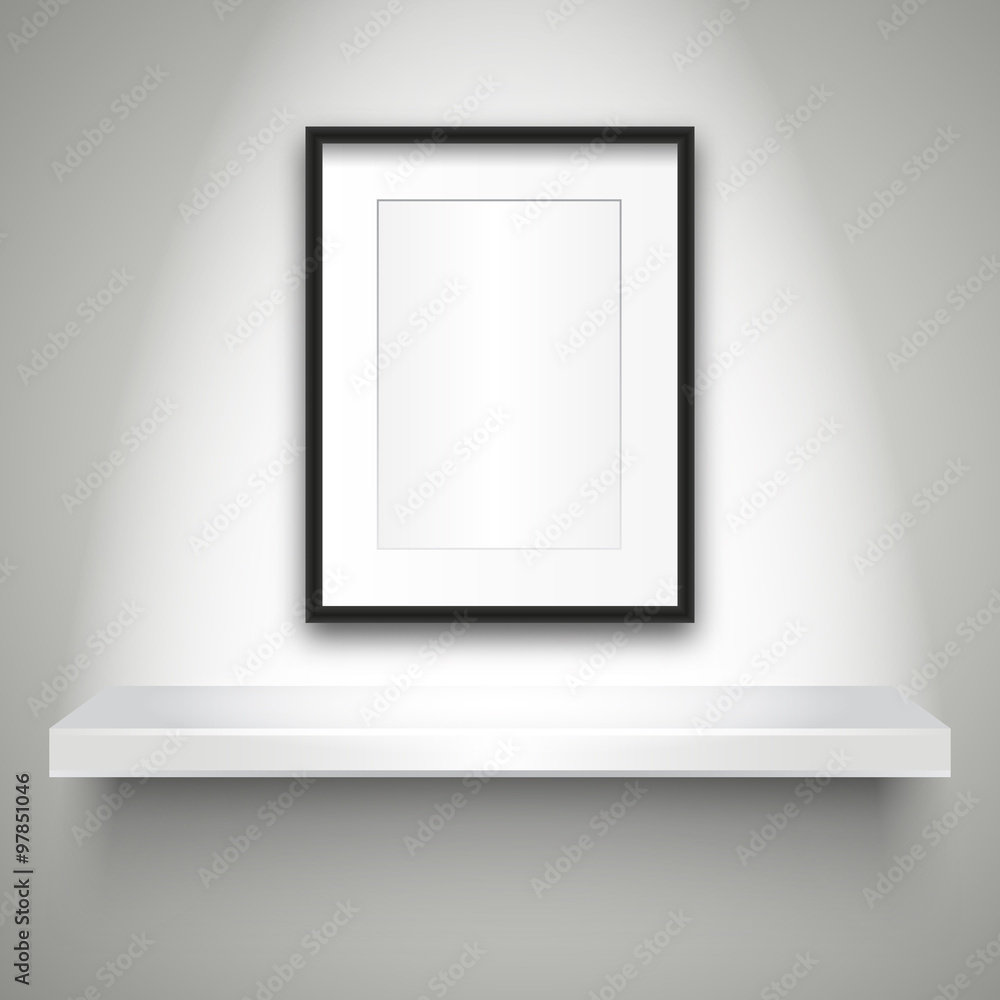 Poster empty shelf on wall and blank frame