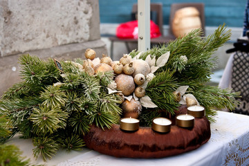 Nice advent wreath with baubles and  colorful candles