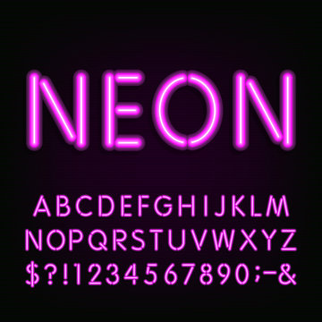 Neon Light Alphabet Font. Type letters, numbers and symbols. Purple neon tube letters on the dark background. Vector typeface for labels, titles, posters etc.