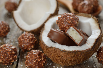 Chocolate candies and coconut