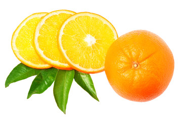 One orange with slices and leaves