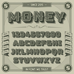 Vintage Money Font with shadow. Retro 3D Alphabet with decorative elements