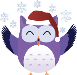 Fototapeta premium Happy cute vector purple owl in Christmas cap with snowflakes