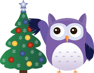 Cute vector purple owl decorating Christmas tree with balls