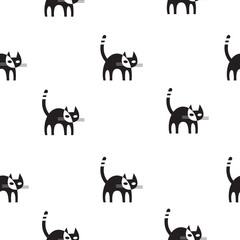 Vector seamless pattern with cartoon black cats on  white background.