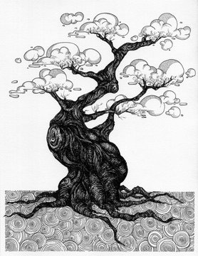 simple black on white drawing - BONSAI - clouds in a tree