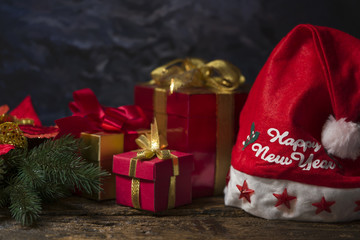 Still life of christmas ornament on wooden board.