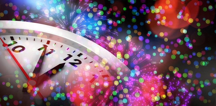Composite image of countdown to midnight on clock