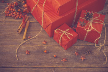 Christmas presents on old wooden background
