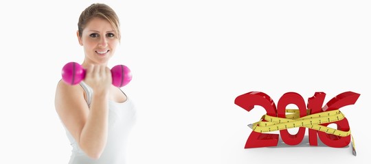 Composite image of woman lifting weights 