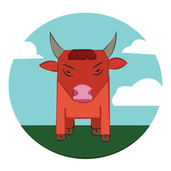 Bull on a meadow, sky with clouds
