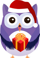 Happy cute vector purple owl in Christmas cap with red gift box