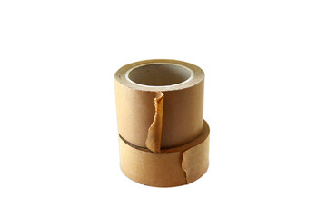 two rolls of brown sticky tape on white background